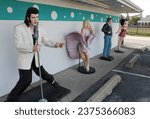 Small photo of Braidwood, Illinois, USA; 4th October 2023: Statues of Elvis Presley, Marilyn Monroe, James Dean, and Betty Boop at the Polk-a-Dot (polka dot) Drive In cafe and restaurant on the historic Route 66