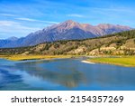 Landscape view of The Steeples in the Canadian Rockies with the Bull River in the East Kootenay near Cranbrook, British Columbia, Canada 
