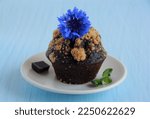 Chocolate muffin with streusel on the plate on blue background
