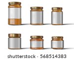 Pack of Glass jars with golden cap filled with yellow jam, confiture or honey. Packaging collection.