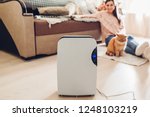 Small photo of Dehumidifier with touch panel, humidity indicator, uv lamp, air ionizer, water container works at home while people chilling. Dampness concept