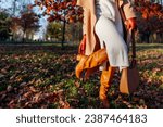 Fashionable woman wearing stylish white knitted dress, knee high boots with handbag in park. Fall shoes and accessories. Close up of boots
