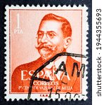 Small photo of MADRID, SPAIN - MARCH 7, 2021. Vintage stamp printed in Spain shows Juan Vazquez de Mella (1861 - 1928), a Spanish politician and a political theorist