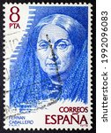 Small photo of MADRID, SPAIN - JUNE 15, 2021. Vintage stamp printed in Spain shows Fernan Caballero (1796 - 1877), pseudonym adopted by the Spanish novelist Cecilia Francisca Josefa Bohl de Faber y Ruiz de Larrea