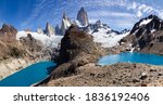View over the two glacial lagoons in El Chalten National Park, Argentina, Patagonia with Monte Fitz Roy and Cerro Torre in the background