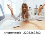 Evil irritated screaming adorable blonde businesswoman worker freelancer made critical mistake in report documents spread hands at camera in light modern office. Copy space, wide angle