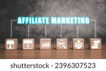 Small photo of Affiliate marketing concept, Wooden block on desk with affiliate marketing icon on virtual screen, online business model, Generated revenue by rewarding affiliates for referring customers.