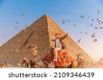 Tourist man with hat riding on camel background pyramid of Egyptian Giza, sunset Cairo, Egypt.