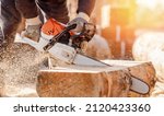 Small photo of Close-up chainsaw of woodcutter sawing chain saw in motion, sawdust fly to sides. Concept is to bring down trees.