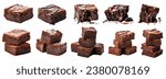 Small photo of Chocolate fudge brownie cake, front view on white background cutout file. Many assorted different design angles. Mockup template for artwork