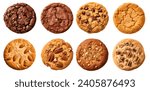 Small photo of Collection of round cookie cookies biscuit, classic and nut set, on white background cutout file. Many assorted different design. Mockup template for artwork design