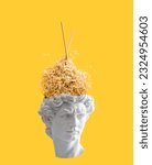 Small photo of David's head with noodles and chopsticks flying out of it on yellow background. Poster for wok cafe or metaphor for mental disorder.