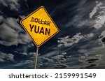 Small photo of Dark blue sky with cumulus clouds and yellow rhombic road sign with text Dollar (strikethrough) Yuan