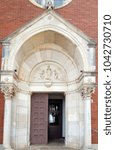 Small photo of NOVIGRAD, CROATIA - SEPTEMBER 29: Entrance portal of the parish church of St. Pelagius, was until 1828 Cathedral of the Diocese of Cittanova, Novigrad, Croatia, on September 29, 2017.