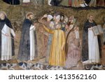 Small photo of FLORENCE, ITALY - JANUARY 10, 2019: Saints Peter the Martyr and Thomas Aquinas Refute the Heretics, fresco by Andrea Di Bonaiuto, Spanish Chapel in Santa Maria Novella Dominican church in Florence