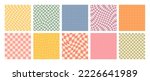 Groovy checkered seamless patterns, vintage aesthetic backgrounds, psychedelic checkerboard texture. Funky hippie fashion textile print, retro background with distorted grid tile vector pattern set