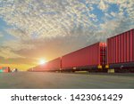 Small photo of Freight Train with Cargo Containers, Transport, Shipping import Export on sunset sky background