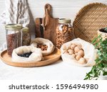 Waste-free domestic life. Kitchen storage of reusable products for the environment and zero waste life. Plastic free life. Zero waste concept.
