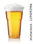 Small photo of Front view of draught beer in plastic disposable cup isolated on white