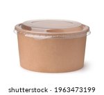 Front view of brown disposable paper bowl with plastic lid isolated on white