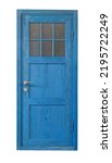 Small photo of Front view of old blue wooden door with frosted glass window isolated on white