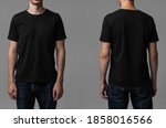 Young male in blank black t-shirt, front and back view. Design men t shirt template and mock-up for branding or print. 