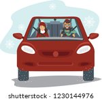 happy couple in the red car in... | Shutterstock .eps vector #1230144976