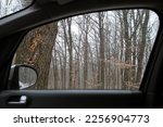 Side mirror of a car.Traveling by car in winter.View from the car.Snowy weather.Bad weather conditions.Off-road.Problems on the road.Automotive .View from the car window.Winter forest.Sad mood.