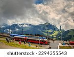 Small photo of Rigi Mountain, Switzerland - August 19, 2016: Vitznau–Rigi Railway, Swiss standard gauge rack railway runs from Vitznau on the shore of Lake Lucerne to Rigi Mountain.