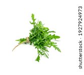 Small photo of Arugula in wood bowl isolated. Fresh arugula, ruccola leaves, rucola, eruca or garden roquette salad top view