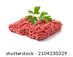 Minced beef meat isolated. Ground fresh buffalo meat fillet, uncooked red mincemeat, raw veal forcemeat, farce minced meat portion on white background