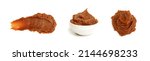 Small photo of Miso paste isolated. Japanese seasoning, fermented soybean spread, puree for soup, brown soy cream for japan broth, miso paste on white background