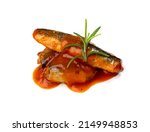 Small photo of Fish in tomato sauce isolated. Fried herring, sprat fillet, canned mackerel with ketchup, saury in red sauce on white background