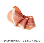 Prosciutto isolated. Spanish jamon slices, parma ham, sliced serrano, iberico, spanish ham, cured meat snack on white background top view