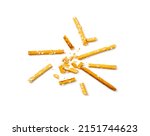 Small photo of Bread sticks isolated. Crumbled, broken pretzel sticks, straws pieces, sesame grissini, pretzels snack, breadstick crumbs, with sesame seeds, long rusks on white background