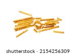 Small photo of Bread sticks isolated. Crumbled, broken pretzel sticks, straws pieces, sesame grissini, pretzels snack, breadstick crumbs, with sesame seeds, long rusks on white background