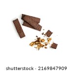 Small photo of Group of Chocolate Wafers Isolated. Wafer Bar, Waffle Biscuits Coated in Dark Chocolate. Crunchy Bar Cookies, Long Biscuit Sticks on White Background Top View