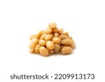 Small photo of White kidney beans isolated. Cooked cannellini bean pile, baked legume, canned yellow beans, Phaseolus vulgaris, haricot stew, boiled leguminous ingredient on white background side view