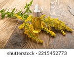 Small photo of Canada goldenrod essential oil. Rag weed oil on wooden background, ragweed extract, golden rod extraction, solidago canadensis infusion on wood table background