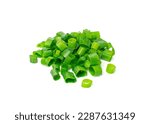 Small photo of Green Onion Cuts Isolated, Scattered Fresh Chive Pile, Chopped Green Leek, Scallion Greens Pieces Chopped Chives, Spring Onion on White Background Top View