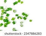 Green Onion Cuts Isolated, Scattered Fresh Chive Pile, Chopped Green Leek, Scallion Greens Pieces Chopped Chives, Spring Onion on White Background Top View