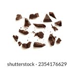 Small photo of Grated Chocolate Isolated, Broken Crushed Chocolate Shavings, Crumbs Pile, Scattered Flakes, Cocoa Sprinkles for Desserts Decoration on White Background Top View