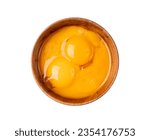 Beaten Egg Yolks in Bowl, Fresh Chicken Eggs for Cooking Recipe, Mixed Organic Yolks in Wooden Bowl
