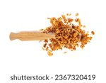 Roasted Onion Isolated, Dry Onion Pieces in Wood Spoon, Bulb Chips, Deep Fried Vegetable, Caramelized Shallot Sprinkles, Crispy Fried Onions on White Background
