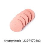 Small photo of Mortadella Slice Isolated, Luncheon Meat Cut, Chicken Ham, Boiled Sausage for Breakfast, Mortadella Slices on White Background