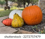 Four Pumpkins Sitting In A...