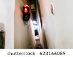 Narrowest street with traffic light in Prague city at night