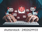 Small photo of Cyber security awareness. Suspect emails alert. E-mail inbox with spam virus message caution sign for notification on internet threat security. Harmful, Trash and junk mail, Spam email pop-up warning.