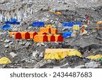 Small photo of Gorakshep, Nepal - May 21 2017-Everest Climbing Expedition tents close up on the Khumbu glacier with communal rooms,luxury tents and dining areas in May 2017 at the Everest Base Camp, Nepal