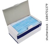 Small photo of Three ply surgical mask in box, isolated in white background
